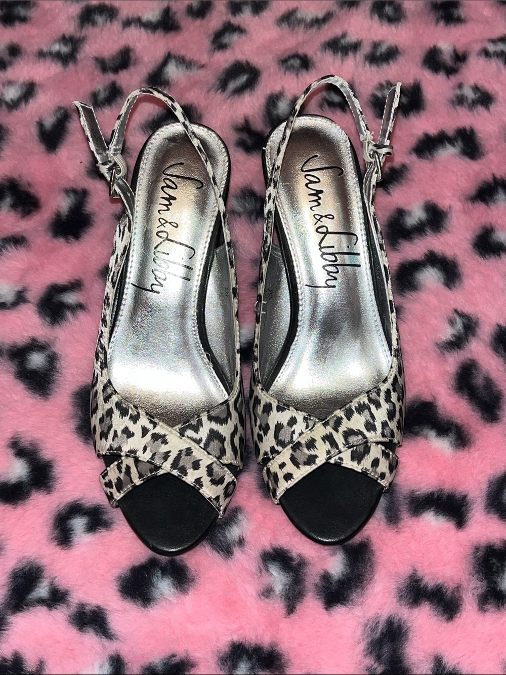 Sam & Libby Leopard Print Open-Toe Slingback Heels Size 6